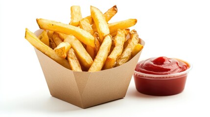 A portion of French fries in a paper container with a side of ketchup, isolated on white