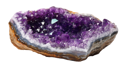 Stunning amethyst geode crystal cluster detailed macro photography of vibrant purple mineral specimen natural gemstone formation rich color deep hues on transparent background rock