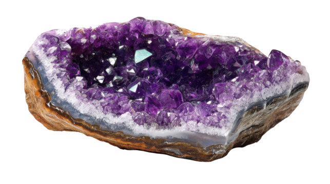 Stunning amethyst geode crystal cluster detailed macro photography of vibrant purple mineral specimen natural gemstone formation rich color deep hues on transparent background rock