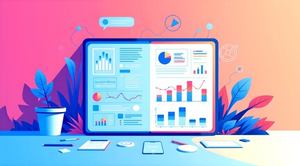 Modern digital technology concept with vector illustrations of business, computer, web, and mobile app icons, ideal for website and office designs