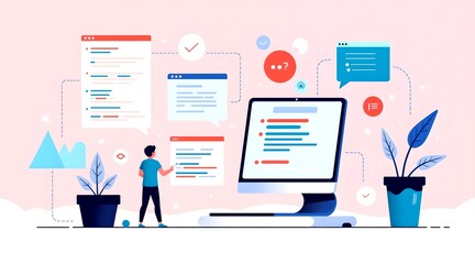 Business people use flat design web templates and infographic elements with technology icons for internet communication concepts on computers and mobile devices