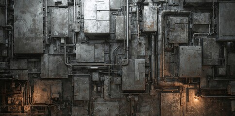 Wall texture of stacked and bolted weathered metal panels with intricate pipes, wiring, and components, illuminated by a single warm light source on a dark, industrial surface.