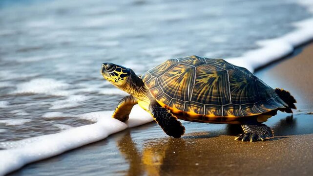 A baby turtle is walking on the beach. The turtle is small and brown. The beach is calm and peaceful