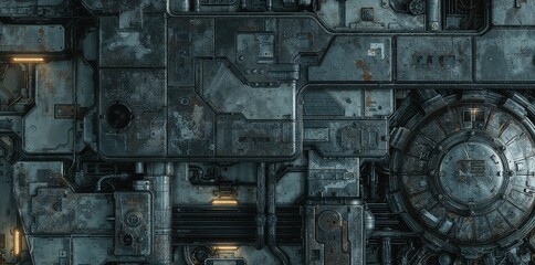 Detailed Grungy Metallic Surface with Large Circular Hatch, Industrial Pipes, Wires, and Luminous Orange Lights