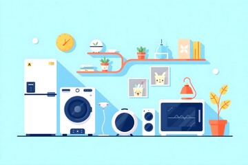 Cozy Home Appliances: A bright and inviting illustration featuring an array of household appliances, arranged amidst a minimalist home setting, creating a feeling of domestic comfort and modernity.