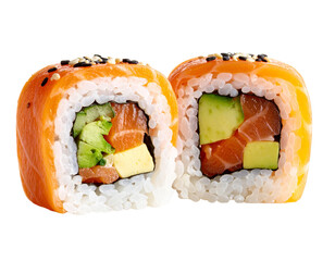 Two delicious salmon sushi rolls isolated on transparent background
