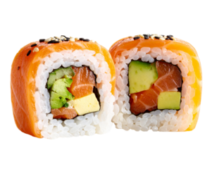 Two delicious salmon sushi rolls isolated on transparent background