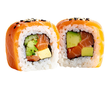 Two delicious salmon sushi rolls isolated on transparent background
