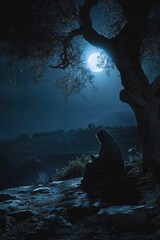 Garden of Gethsemane at night, where Jesus prays in poignant solitude under the silvery moonlight, cloaked in shadows and divine purpose