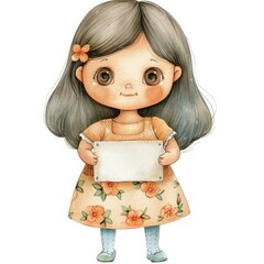 A cute watercolor illustration of a young girl with big shiny eyes and a round face. She has long gray hair and wears a floral dress, holding a blank sign.