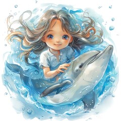 A young girl with long brown hair and big blue eyes interacts playfully with a dolphin in a splash of water. The illustration features soft pastel colors and a whimsical style.