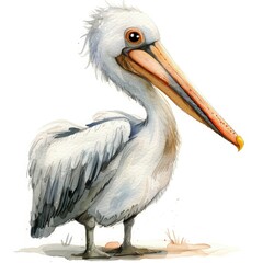 A cute watercolor illustration of a white pelican with big shiny eyes and a round friendly face. The background is white, enhancing the whimsical children's book style.