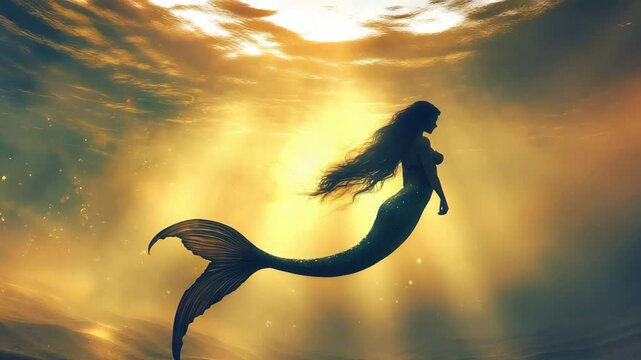A mermaid is swimming in the ocean with the sun shining on her. The scene is serene and peaceful