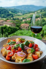 Panzanella salad made with golden toasted Ciabatta, thinly sliced red onions, ripe red tomatoes, and bright green basil