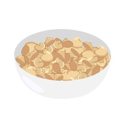 Hand drawn white chocolate drops inside a bowl. Vector cartoon sweet composition. For food packaging, bakery designs, recipe icons, menu layout, promo visuals