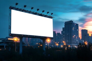 Obraz premium Large Blank Billboard with Night City View for High-Visibility Urban Advertising and Branding