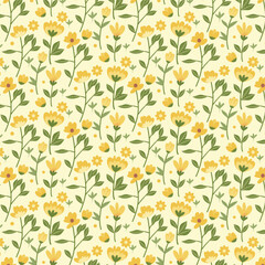Cute yellow floral with leaf branches vintage  seamless pattern