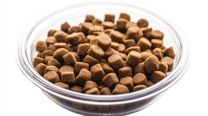 Close-up of textured dry pet food inside a plastic bowl, sharply isolated against white background