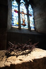 Fototapeta premium The Crown of Thorns resting on a stone altar, imbued with soft light from a stained glass window depicting the crucifixion of Christ.