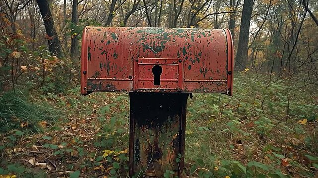 Weathered red mailbox in autumn forest