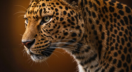 Naklejka premium Striking leopard portrait with detailed fur against dark background 