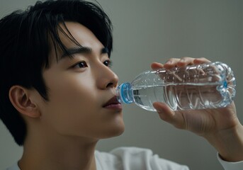 Asian man drinking from a bottle