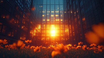 Sunset cityscape flowers urban oasis calm