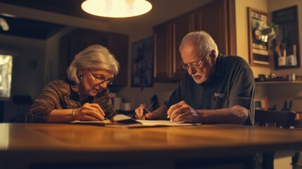 Elderly couple writing documents together at a kitchen table, lit warmly, symbolizing senior lifestyle, retirement planning, and supportive relationships.
