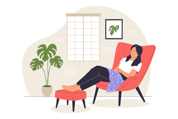 Relaxing at Home Illustration of Woman Resting on Cozy Chair with Blanket. Illustrations for websites, landing pages, mobile apps, posters and banners