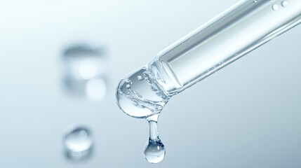 Dripping cosmetic pipette with glossy serum, close-up view with soft highlights on white surface