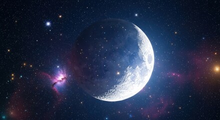 Crescent moon bathed in starlight and nebulae.