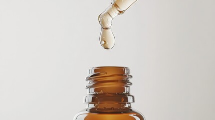 Dropper dispensing serum into bottle, clean clinical aesthetic with white background