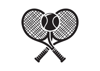 Two tennis rackets with a tennis ball in the middle. The rackets are crossed over each other Silhouette Vector