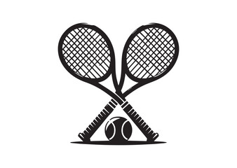 Two tennis rackets with a tennis ball in the middle. The rackets are crossed over each other Silhouette Vector