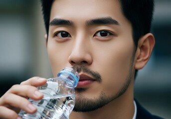 Asian man drinking from a bottle