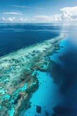 Aerial view of vibrant coral reef in crystal clear ocean celebrating world oceans day. Vertical banner. Copy space. World Water Day. World Hydrography Day. Vacation, travel concept
