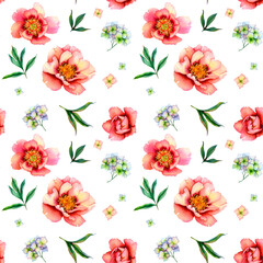Pattern with Vibrant watercolor peonies and hydrangeas blend harmoniously in soft pastel shades, floral motifs, garden blooms, floral patterns