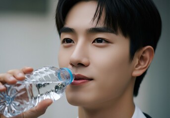 Asian man drinking from a bottle