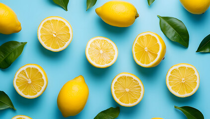 Fototapeta premium Fresh lemon pattern on a bright color background flat lay