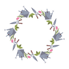 Round wreath, frame with garden tools, clothes, flowers, plants vector flat illustration isolated on white. Gardening or agriculture equipment banner in a circle. Cute spring wreath card template.