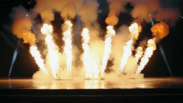 A stage with multiple fire jets producing flames in a dramatic display. Bright lights illuminate the scene, creating an energetic atmosphere.