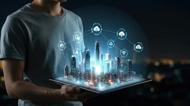 Person holding a tablet displaying a 3D model of a city overlaid with glowing digital icons, suggesting smart city technology