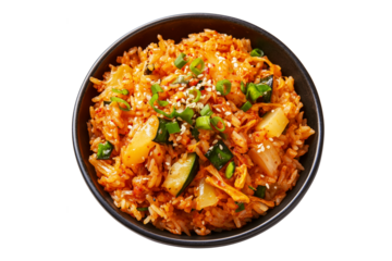 Spicy cooked kimchi fried rice topped with scallions and sesame seeds in black bowl, isolated on white transparent background, concept of Asian cuisine