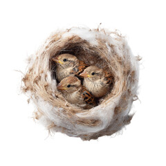 Three adorable baby birds huddled together in a soft brown nest peaceful wildlife scene tiny birds nestling together in nature soft fluffy nest cute eyes on transparent background