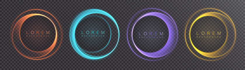 Set of bright rings in blue, orange, purple and yellow with soft glow and energetic outline. For futuristic panels, interfaces, screensavers and sci-fi scenes.