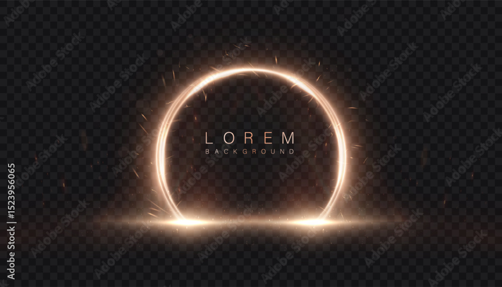Poster bright round magic portal arch with golden glow and sparkle effects on transparent dark background. 