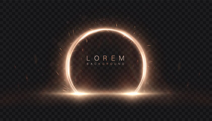 Bright round magic portal arch with golden glow and sparkle effects on transparent dark background. Vector PNG