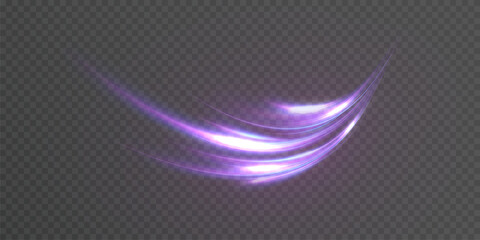 Curved neon light trail with glowing purple and pink highlights on a transparent background. Suitable for motion effects, futuristic energy visuals or dynamic swirl overlays.