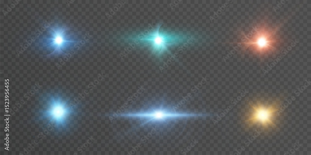 Poster a set of sparkling light lens flares and bright stars on a transparent background. suitable for lens
