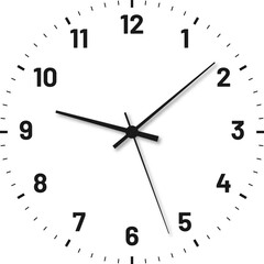 Modern clock face with numbers and clock hands. Blank clock dial with hours, minutes, and seconds hands. Vector